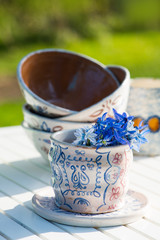 Blausternchen in einer getöpferten Vase