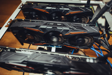 Fototapeta premium Graphics cards mining rig used for mining online crypto currencies