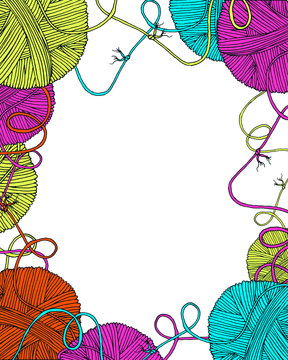Vector yarn balls decorative frame with long thread and knot, blank empty in the middle for your text. Hand drawn illustration for knitting and crochet classes projects, brochure, poster or cover