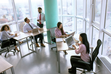 Team members in comfortable office discussing project milestone. Business concept.