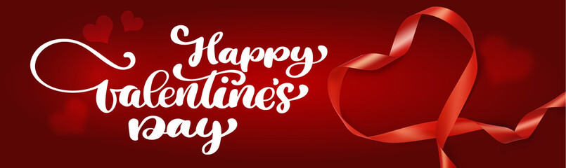 Text lettering Happy Valentines day banners. Realistic tape ribbon in the form of a heart mesh on a red background
