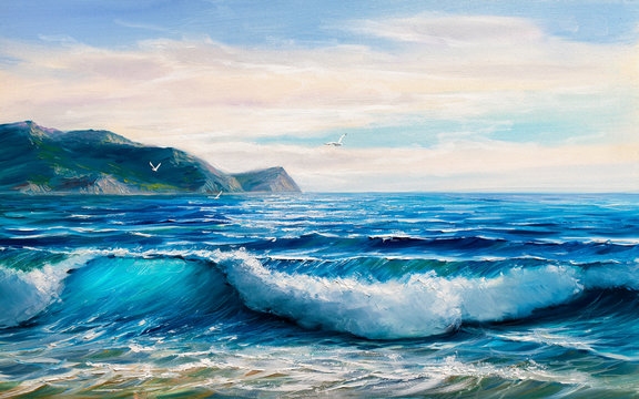 Painting seascape. Sea wave .