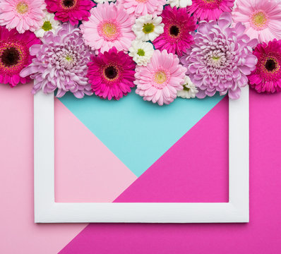 Happy Mother's Day, Women's Day, Valentine's Day or Birthday Pastel Candy Colours Background. Floral flat lay minimalism geometric patterns greeting card.