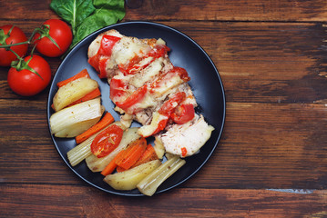 Healthy Food - Grilled Chicken with Vegetables on a Wooden Board with Tomatoe Branch and Copy Space.