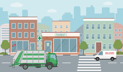Obraz na płótnie Canvas City life illustration with house facades, road and other urban details. Flat style, vector. 