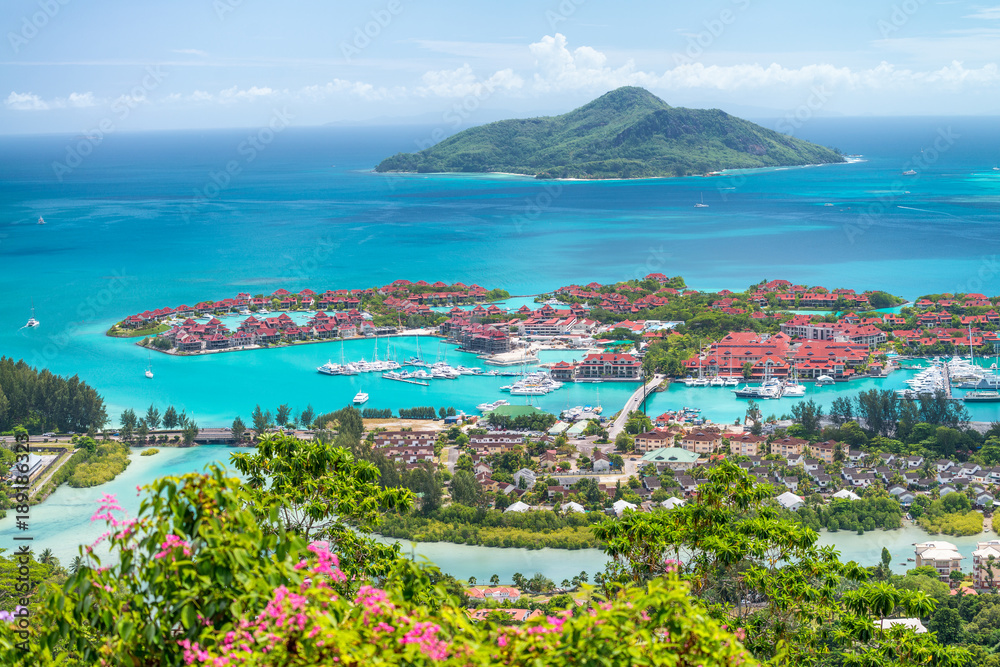 Sticker Red roofs of Eden Island, aerial view of Seychelles