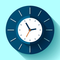 Wall сlock icon in flat style, timer on blue background. Business watch. Vector design element for you project
