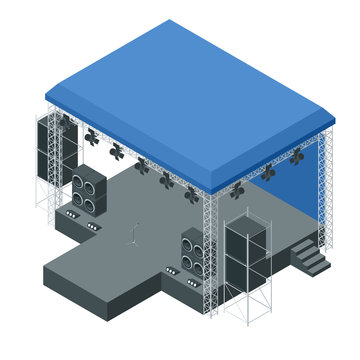 Isometric outdoor concert stage, truss system. Podium concert stage. Performance show entertainment, scene and event.