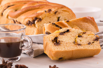 Brioche with chocolate chips. 