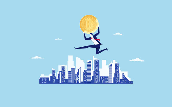 Concept of virtual business digital crypto mining bitcoins. Businessman holds golden bitcoins jump over the city scene.