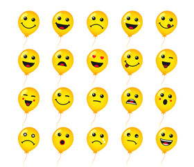 Set of round emoticons or emoji icon on yellow helium balloons. Smile of yellow helium balloon icons vector illustration isolated on white background. Concept for World Smile Day card or banner