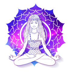 Woman meditating on Sahasrara chakra background