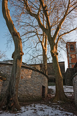 Ancient buildings used as a glacier, in a rural context.