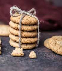 Chocolate chip cookies on wooden table. Homemade cookies dessert. 