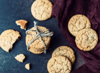 Chocolate chip cookies on wooden table. Homemade cookies dessert. 