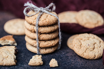 Chocolate chip cookies on wooden table. Homemade cookies dessert. 