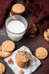 Chocolate chip cookies on wooden table. Homemade cookies dessert. 