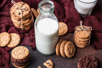 Chocolate chip cookies on wooden table. Homemade cookies dessert. 