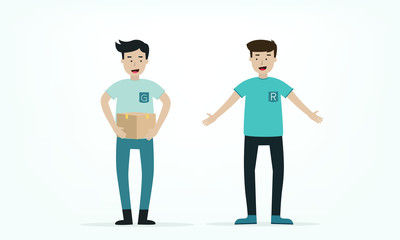 A delivery man give a box to receiver on white background