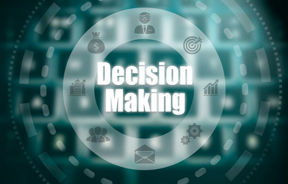 A decision making concept on a futuristic computer display over a blured image of a keyboard.