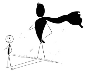 Cartoon stick man drawing conceptual illustration of businessman and his superhero hero shadow on the wall. Business concept of success and self confidence.