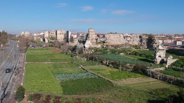 Aerial view of Walls of Constantinople in Istanbul Turkey