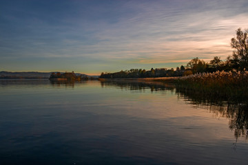 Panoramic view of the Varese lake at sunset