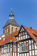 Fototapeta premium Church tower and half timbered houses in Tecklenburg