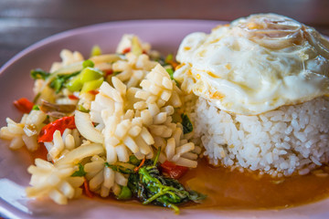 Rice with fried Basil Squid