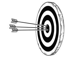 Cartoon drawing conceptual illustration of target, dartboard or clout with three bow arrows hits in center. Concept of success in business.