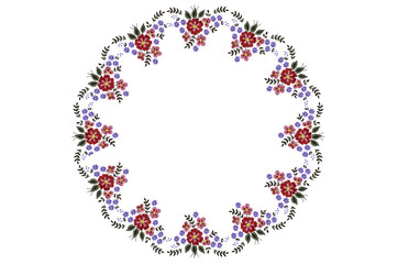 Round pattern for napkin embroidery with bouquet of red and purple flowers and leaves on white background
