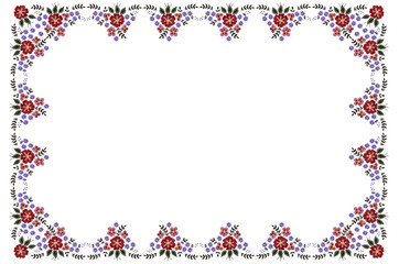 Pattern frame for embroidery tablecloth from bouquet of red and purple flowers with leaves on white background
