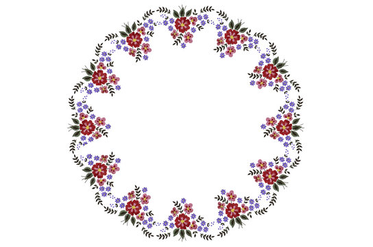 Round pattern for napkin embroidery with bouquet of red and purple flowers and leaves on white background
