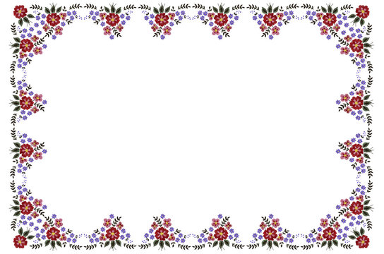 Pattern frame for embroidery tablecloth from bouquet of red and purple flowers with leaves on white background
