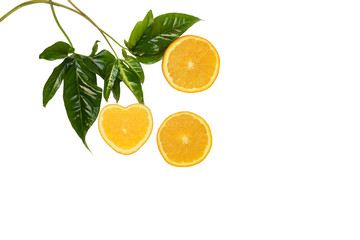 Orange on a cut one of which in the form of heart with bright green original leaves isolated on a white background