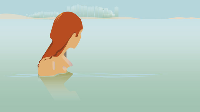 Giovane donna graziosa che si rilassa nell'acqua del mare guardando l'orizzonte della citt&agrave; di Dubay