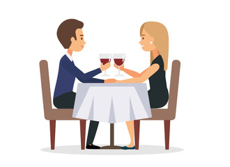 Happy Valentine's Day - happy young couple sitting at restaurant table with glasses of wine celebrating love, illustration in cartoon style