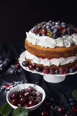 Beautiful, fruit naked cake on a dark tablecloth 