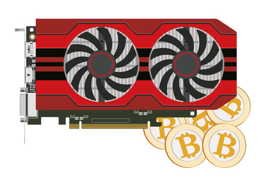 Video card in a red case with two coolers for the cryptoferm and bitcoin. Vector image.