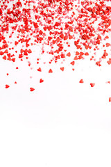 Valentine's Day background. Flat lay, top view of red, pink and white hearts. Love concept.