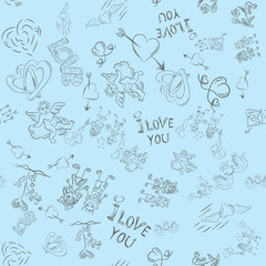seamless sketch pattern festive symbols design elements Valentines day blue background