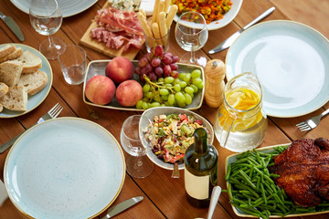 various food on served wooden table