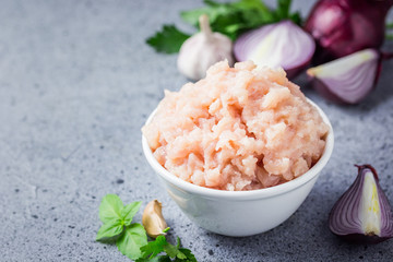 Mincemeat, raw ground chicken in a bowl, onion and herbs on concrete  background. Selective focus, copy space.