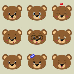 Set of cute bear face different emotions in cartoon style.