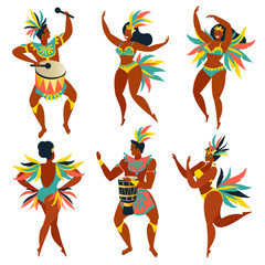 Set of Brazilian samba dancers Rio de Janeiro. Vector carnival girls and guy dancing.