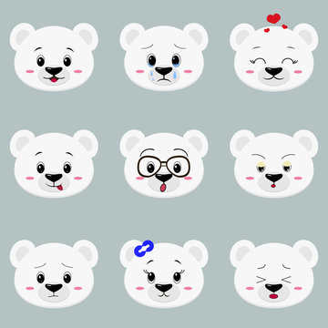 Set of cute polar white bear face different emotions in cartoon style.