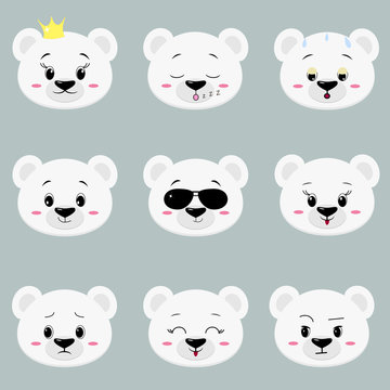 Set of cute polar white bear face different emotions in cartoon style.