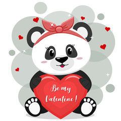 A sweet panda in a red bow sits and holds in its paws a red heart with an inscription, in the style of cartoons.