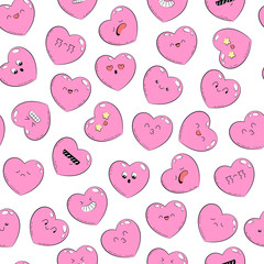Seamless pattern, background, wallpaper, texture with different emotions heart. Collection of emoticons for site, info graphics, video, animation, websites, mails, newsletters, comics. Doodle backdrop