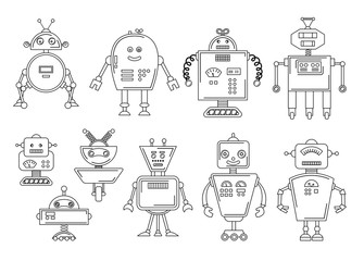 Vector illustration of a Robot. Mechanical character design. Set of four different robots. Coloring book page